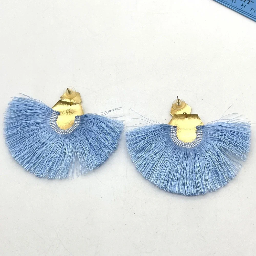 Hammered Gold Geometric Light‎ Blue Fan Tassel Statement Earrings Boho Drop